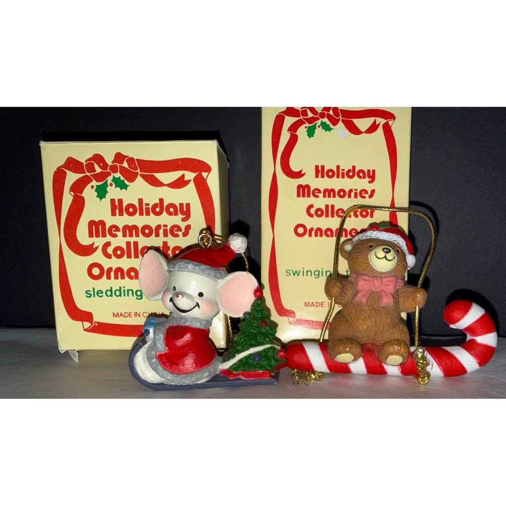 Vintage Holiday‎ Memories Christmas Ornaments Small Red White Mouse Sledding
